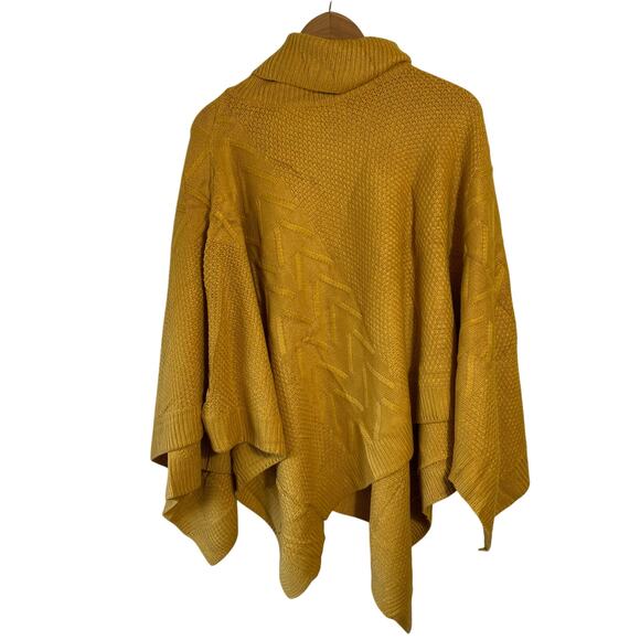 Chunky Mustard Knit Poncho Sweater Turtleneck One Size‎ Lagenlook Cozy Fall Cape - Picture 1 of 7